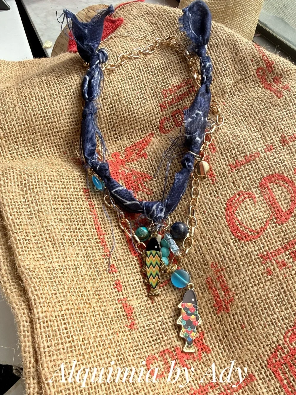Layered gold Multicolor Enamel Fish Charm Necklace with Turquoise Beads